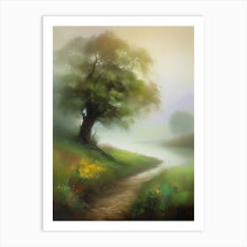 Oak tree, fine work of art, misty atmosphere, green meadow..4 Art Print