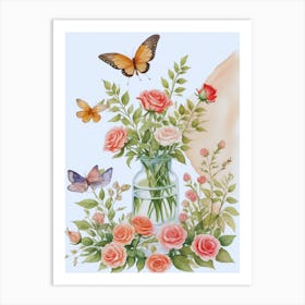 Roses And Butterflies 1 Art Print