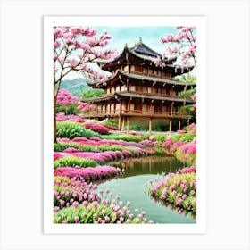 Asian Garden Cherry Blossoms Mount Fuji Japan Art Print