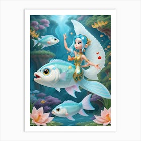 3d Animation Style In The Water There Are Fish In The Rice Fie 0 Art Print