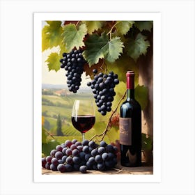 Vines,Black Grapes And Wine Bottles Painting (13) Art Print