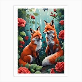 Foxes In The Forest Art Print