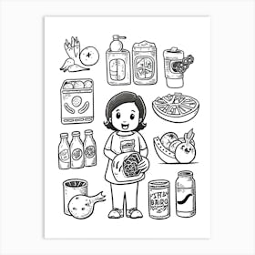 Girl And Fruits And Vegetables Black And White Line Art Art Print