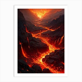 Volcanic Magma Flow Illustration Displaying Molten Lava Coursing Down A Rugged Terrain Heat Emanat Art Print