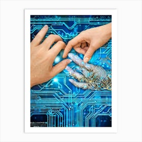 Cyber Abstract Digital Painting Of A Human Hand And A Robotic Hand Almost Touching Against A Backdro (4) Art Print