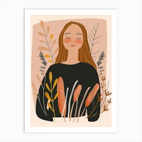 Girl With Flowers And Leaves Art Print