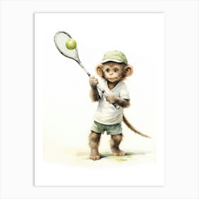 Monkey Painting Playing Tennis Watercolour 1 Art Print