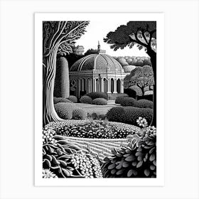 Blenheim Palace Gardens, United Kingdom Linocut Black And White Vintage Art Print