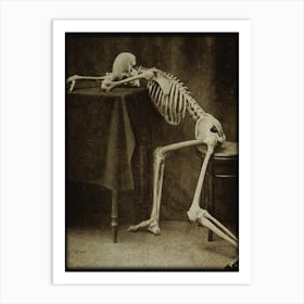 Drunk Skeleton by Albert Hasselwander - Skulls Dark Academia Biology Human Anatomy Wall Decor Funny Spooky Vintage Victorian Witchy Gothic Alcohol Weary Witchcore in Black and White Art Print
