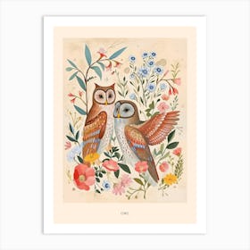 Folksy Floral Animal Drawing Owl Poster Art Print