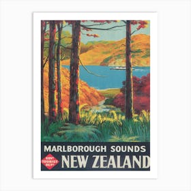 Marlborough Sounds New Zealand Vintage Travel Poster Art Print