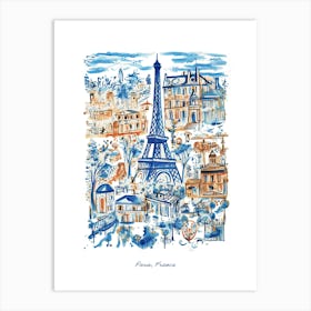 France Paris Eiffel Tower Illustration Line Art Travel Blue Art Print