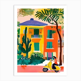 Colorful village, girl on a Vespa Art Print