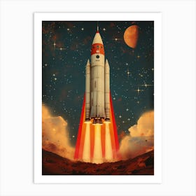 Space Odyssey: Retro Poster featuring Asteroids, Rockets, and Astronauts: Space Shuttle Launch 1 Art Print