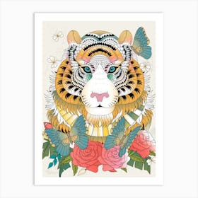 Imposing Tiger With Floral Element Art Print