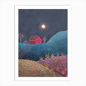 Midnight Landscape And Red House Art Print