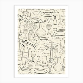 Hand-drawn dinner table with dishes wine bottles and candlelight in black and beige Art Print