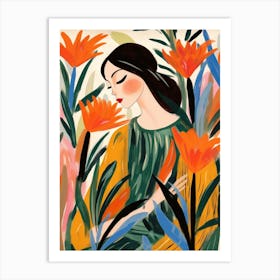 Woman With Autumnal Flowers Bird Of Paradise 1 Art Print