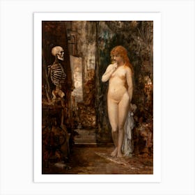 Red Haired Hans Makart (1840-1884)Naked Young Woman Looking at a Skeleton in HD Remastered Immaculate Classical Antique Gothic Dark Aesthetic  Art Print