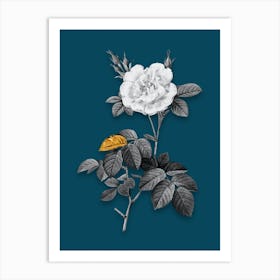 Vintage White Rose Black and White Gold Leaf Floral Art on Teal Blue n.0862 Art Print