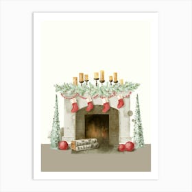 Christmas Fireplace watercolor illustration Art Print