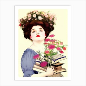 Librarian Woman Flowers Lady Books Reading Reader Writer Pretty Voluptuous Female Lipstick Romantic Vintage Art Print