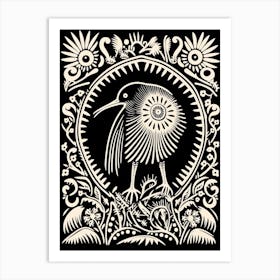 B&W Bird Linocut Kiwi 4 Art Print