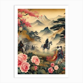 Geisha outside with Japanese Samurai Art Print