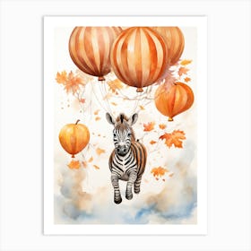 Zebra Flying With Autumn Fall Pumpkins And Balloons Watercolour Nursery 4 Art Print