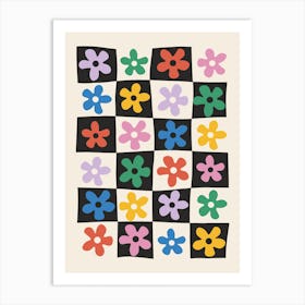 Colourful Flowers in Checkerboard Art Print