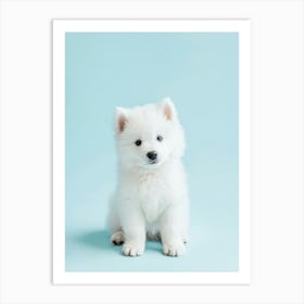 White Puppy On A Blue Background. Generated AI. Art Print Art Print