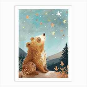 Sloth Bear Looking At A Starry Sky Storybook Illustration 4 Art Print