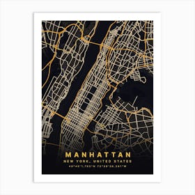 Manhattan New York USA Black And Gold Map Art Print