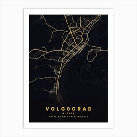 Volgograd Russia Black And Gold Map Art Print