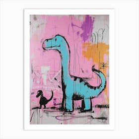 Dinosaur With Pet Blue Purple Pink 3 Art Print