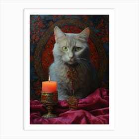 Medieval Cat With Candle Romantesque Style Art Print