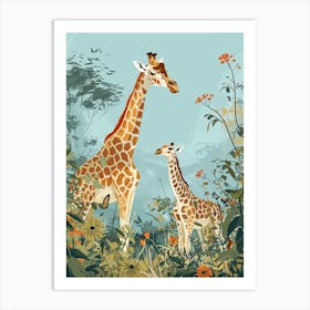 Mother Giraffe & Calf Colourful Illustration 1 Art Print