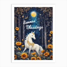 Lammas Blessings - Lucky White Unicorn - Fae Creatures by Sarah Valentine with Sunflowers and Full Moon Art Print
