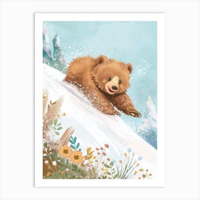 Sloth Bear Cub Sliding Down A Snowy Hill Storybook Illustration 4 Art Print