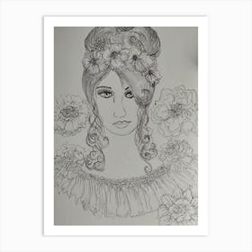 Portrait Of A Woman With Flowers Art Print