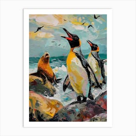 King Penguin Sea Lion Island Colour Block Painting 4 Art Print