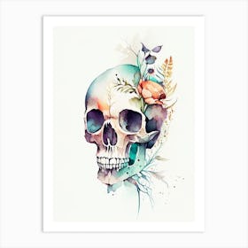 Skull With Watercolor Effects Line Drawing Art Print