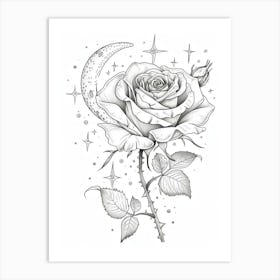 Rose With A Moon Line Drawing 2 Art Print