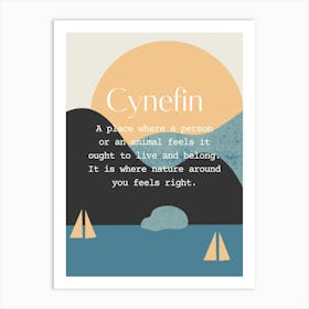 Welsh Cynefin Quote Sea, Sun and Boats, Blue and Neuteal Art Print