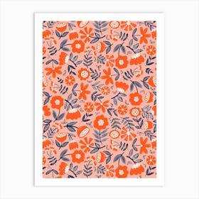 Cute Soft Scattered Scandi Florals Peach Pink, Red, Navy Blue Art Print