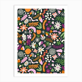 Wild Grass Adventures Happy Bugs in a Field Purple, Pink, Orange, Green Kids Art Print