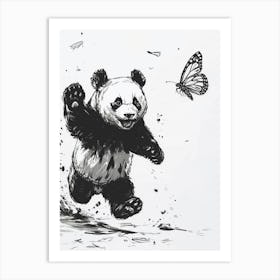 Giant Panda Cub Chasing After A Butterfly Ink Illustration 2 Art Print