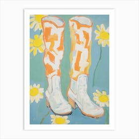 Painting Of White Flowers And Cowboy Boots, Oil Style 10 Art Print