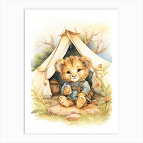 Camping Watercolour Lion Art Painting 1 Art Print