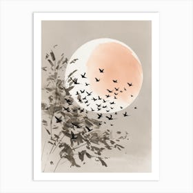 Birds Flying Over The Moon Art Print